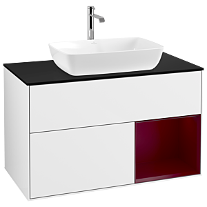 Villeroy und Boch Finion Waschtischunterschrank G782HBGF 100cm, Abdeckplatte black matt, Emotion, Regale Peony matt lacquer, Glossy white lacquer