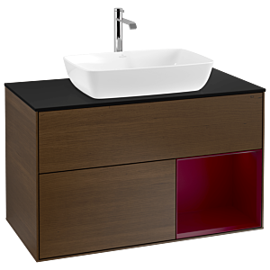 Villeroy und Boch Finion Waschtischunterschrank G782HBGN 100cm, Abdeckplatte black matt, Emotion, Regale Peony matt lacquer, Walnut veneer