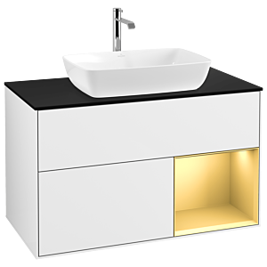 Villeroy et Boch Finion Villeroy et Boch G782HFGF 100cm, plaque de recouvrement noire mate, Emotion, étagères laquées or mat, laqué blanc brillant