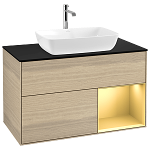 Villeroy und Boch Finion Waschtischunterschrank G782HFPC 100cm, Abdeckplatte black matt, Emotion, Regale Gold matt lacquer, Oak Veneer