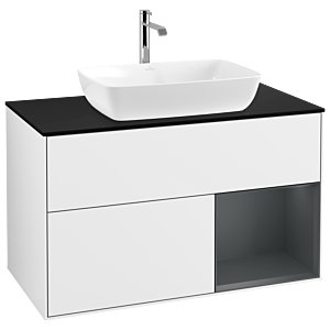 Villeroy et Boch Finion Villeroy et Boch G782HGGF 100cm, plaque de recouvrement noire mate, Emotion, étagères laqué mat Midnight, laqué blanc brillant