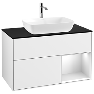 Villeroy et Boch Finion Villeroy et Boch G782MTGF 100cm, plaque de finition noir mat, Emotion, étagères laqué blanc mat, laqué blanc brillant