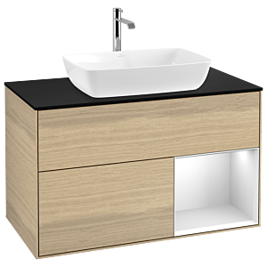 Villeroy und Boch Finion Waschtischunterschrank G782MTPC 100cm, Abdeckplatte black matt, Emotion, Regale White matt lacquer, Oak Veneer
