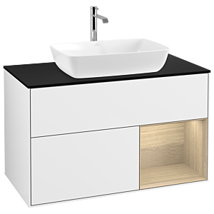 Villeroy und Boch Finion Waschtischunterschrank G782PCGF 100cm, Abdeckplatte black matt, Emotion, Regale Oak Veneer, Glossy white lacquer