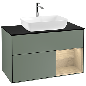 Villeroy und Boch Finion Waschtischunterschrank G782PCGM 100cm, Abdeckplatte black matt, Emotion, Regale Oak Veneer, Olive Matt Lacquer