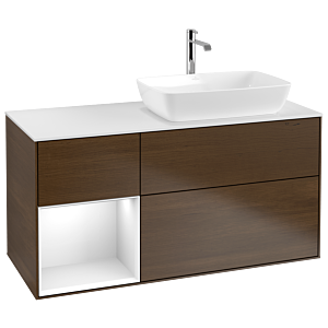 Villeroy et Boch Finion Villeroy et Boch G801GFGN 120cm, plaque de finition blanc mat, emotion, étagères laqué blanc brillant, placage noyer