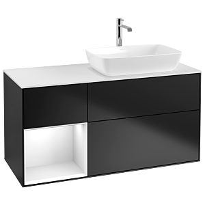 Villeroy und Boch Finion Waschtischunterschrank G801GFPD 120cm, Abdeckplatte white matt, Emotion, Regale Glossy white lacquer, Black matt lacquer