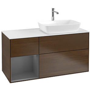 Villeroy und Boch Finion Waschtischunterschrank G801GKGN 120cm, Abdeckplatte white matt, Emotion, Regale Anthracite matt lacquer, Walnut veneer