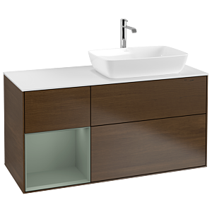 Villeroy und Boch Finion Waschtischunterschrank G801GMGN 120cm, Abdeckplatte white matt, Emotion, Regale Olive matt lacquer, Walnut veneer