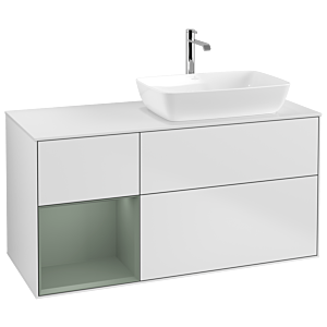 Villeroy und Boch Finion Waschtischunterschrank G801GMMT 120cm, Abdeckplatte white matt, Emotion, Regale Olive matt lacquer, White matt lacquer