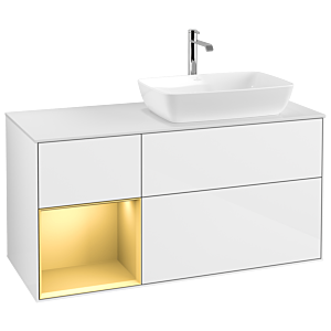 Villeroy und Boch Finion Waschtischunterschrank G801HFGF 120cm, Abdeckplatte white matt, Emotion, Regale Gold matt lacquer, Glossy white lacquer