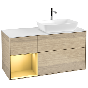 Villeroy und Boch Finion Waschtischunterschrank G801HFPC 120cm, Abdeckplatte white matt, Emotion, Regale Gold matt lacquer, Oak Veneer