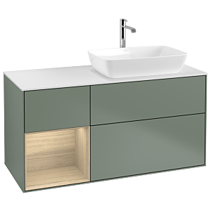 Villeroy und Boch Finion Waschtischunterschrank G801PCGM 120cm, Abdeckplatte white matt, Emotion, Regale Oak Veneer, Olive Matt Lacquer