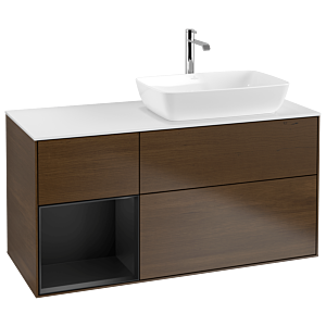 Villeroy und Boch Finion Waschtischunterschrank G801PDGN 120cm, Abdeckplatte white matt, Emotion, Regale Black matt lacquer, Walnut veneer