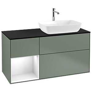Villeroy und Boch Finion Waschtischunterschrank G802GFGM 120cm, Abdeckplatte black matt, Emotion, Regale Glossy white lacquer, Olive Matt Lacquer