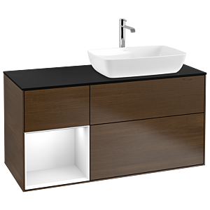 Villeroy und Boch Finion Waschtischunterschrank G802GFGN 120cm, Abdeckplatte black matt, Emotion, Regale Glossy white lacquer, Walnut veneer