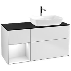 Villeroy und Boch Finion Waschtischunterschrank G802GFMT 120cm, Abdeckplatte black matt, Emotion, Regale Glossy white lacquer, White matt lacquer