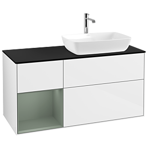 Villeroy und Boch Finion Waschtischunterschrank G802GMGF 120cm, Abdeckplatte black matt, Emotion, Regale Olive matt lacquer, Glossy white lacquer