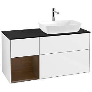 Villeroy et Boch Finion G802GNGF 120cm, plaque de recouvrement noir mat, Emotion, étagères Walnut Veneer , laqué blanc brillant