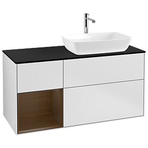 Villeroy und Boch Finion Waschtischunterschrank G802GNMT 120cm, Abdeckplatte black matt, Emotion, Regale Walnut Veneer, White matt lacquer