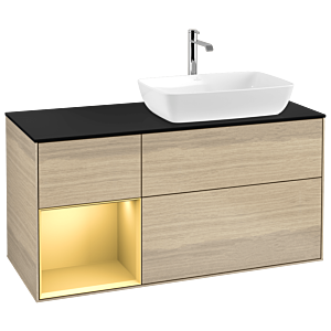 Villeroy und Boch Finion Waschtischunterschrank G802HFPC 120cm, Abdeckplatte black matt, Emotion, Regale Gold matt lacquer, Oak Veneer