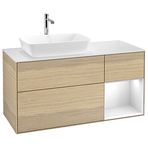 Villeroy et Boch Finion Villeroy et Boch G811GFPC 120cm, plaque de finition blanc mat, Emotion, étagères Laque blanc brillant, Oak Veneer