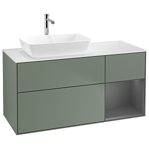 Villeroy und Boch Finion Waschtischunterschrank G811GKGM 120cm, Abdeckplatte white matt, Emotion, Regale Anthracite matt lacquer, Olive Matt Lacquer