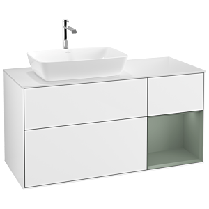 Villeroy et Boch Finion Villeroy et Boch G811GMGF 120cm, plaque de recouvrement blanc mat, Emotion, étagères laqué olive mat, laqué blanc brillant