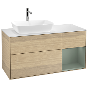 Villeroy und Boch Finion Waschtischunterschrank G811GMPC 120cm, Abdeckplatte white matt, Emotion, Regale Olive matt lacquer, Oak Veneer