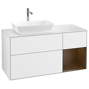 Villeroy und Boch Finion Waschtischunterschrank G811GNGF 120cm, Abdeckplatte white matt, Emotion, Regale Walnut Veneer, Glossy white lacquer