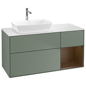 Villeroy und Boch Finion Waschtischunterschrank G811GNGM 120cm, Abdeckplatte white matt, Emotion, Regale Walnut Veneer, Olive Matt Lacquer