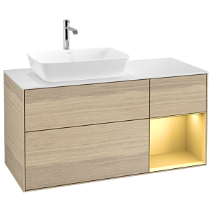 Villeroy und Boch Finion Waschtischunterschrank G811HFPC 120cm, Abdeckplatte white matt, Emotion, Regale Gold matt lacquer, Oak Veneer