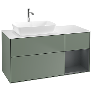 Villeroy und Boch Finion Waschtischunterschrank G811HGGM 120cm, Abdeckplatte white matt, Emotion, Regale Midnight matt lacquer, Olive Matt Lacquer