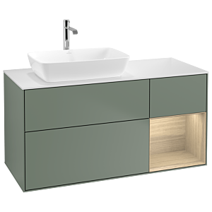 Villeroy und Boch Finion Waschtischunterschrank G811PCGM 120cm, Abdeckplatte white matt, Emotion, Regale Oak Veneer, Olive Matt Lacquer
