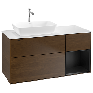 Villeroy und Boch Finion Waschtischunterschrank G811PDGN 120cm, Abdeckplatte white matt, Emotion, Regale Black matt lacquer, Walnut veneer