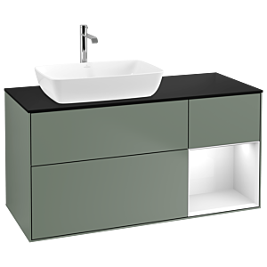 Villeroy und Boch Finion Waschtischunterschrank G812GFGM 120cm, Abdeckplatte black matt, Emotion, Regale Glossy white lacquer, Olive Matt Lacquer