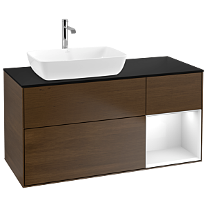 Villeroy und Boch Finion Waschtischunterschrank G812GFGN 120cm, Abdeckplatte black matt, Emotion, Regale Glossy white lacquer, Walnut veneer