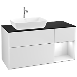 Villeroy und Boch Finion Waschtischunterschrank G812GFMT 120cm, Abdeckplatte black matt, Emotion, Regale Glossy white lacquer, White matt lacquer
