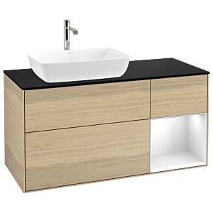 Villeroy und Boch Finion Waschtischunterschrank G812GFPC 120cm, Abdeckplatte black matt, Emotion, Regale Glossy white lacquer, Oak Veneer