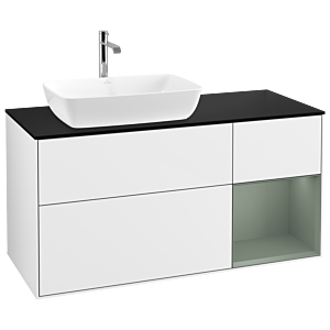 Villeroy und Boch Finion Waschtischunterschrank G812GMGF 120cm, Abdeckplatte black matt, Emotion, Regale Olive matt lacquer, Glossy white lacquer