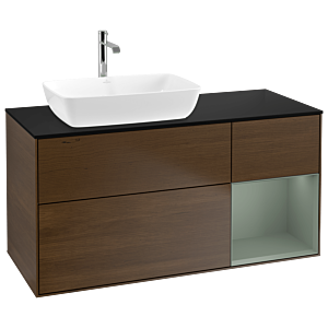 Villeroy und Boch Finion Waschtischunterschrank G812GMGN 120cm, Abdeckplatte black matt, Emotion, Regale Olive matt lacquer, Walnut veneer
