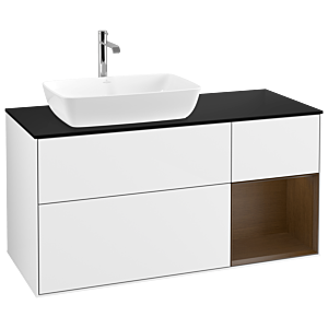 Villeroy and Boch Finion Villeroy and Boch Finion G812GNGF 120cm, black matt cover plate, Emotion, Walnut Veneer shelves, Glossy white lacquer