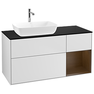 Villeroy und Boch Finion Waschtischunterschrank G812GNMT 120cm, Abdeckplatte black matt, Emotion, Regale Walnut Veneer, White matt lacquer