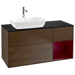 Villeroy und Boch Finion Waschtischunterschrank G812HBGN 120cm, Abdeckplatte black matt, Emotion, Regale Peony matt lacquer, Walnut veneer
