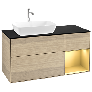Villeroy und Boch Finion Waschtischunterschrank G812HFPC 120cm, Abdeckplatte black matt, Emotion, Regale Gold matt lacquer, Oak Veneer