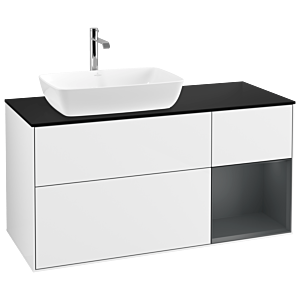 Villeroy und Boch Finion Waschtischunterschrank G812HGGF 120cm, Abdeckplatte black matt, Emotion, Regale Midnight matt lacquer, Glossy white lacquer