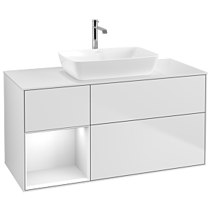 Villeroy et Boch Finion Villeroy et Boch G821GFMT 120cm, plaque de recouvrement blanc mat, Emotion, étagères laqué blanc brillant, laqué blanc mat