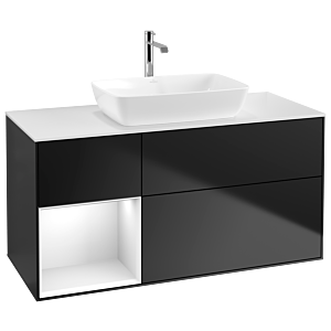Villeroy et Boch Finion Villeroy et Boch G821GFPD 120cm, plaque de recouvrement blanc mat, Emotion, étagères laqué blanc brillant, laqué noir mat