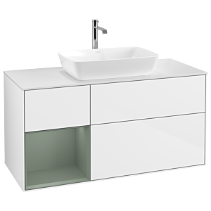 Villeroy et Boch Finion Villeroy et Boch G821GMGF 120cm, plaque de finition blanc mat, Emotion, étagères laqué olive mat, laqué blanc brillant