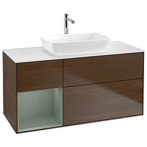 Villeroy und Boch Finion Waschtischunterschrank G821GMGN 120cm, Abdeckplatte white matt, Emotion, Regale Olive matt lacquer, Walnut veneer